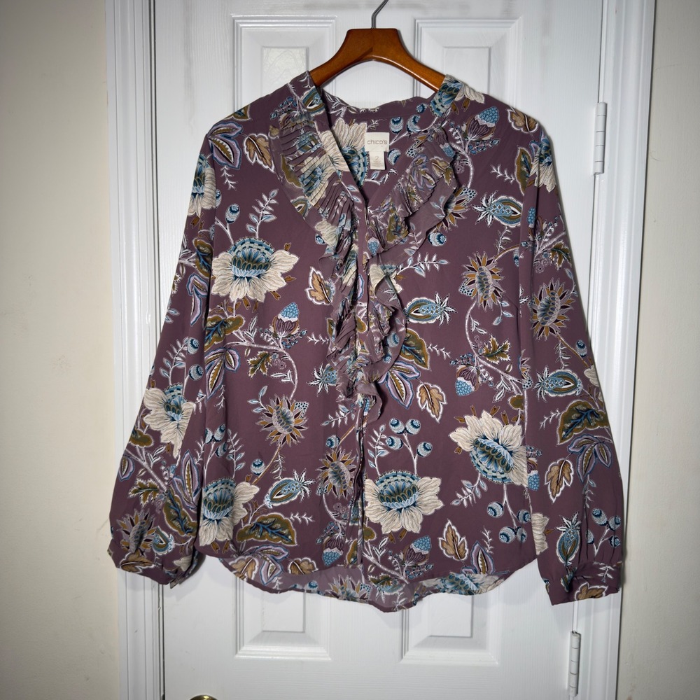 Chico's Floral Ruffle Blouse Size Large Boho Romantic Mauve Paisley Top - Picture 1 of 7